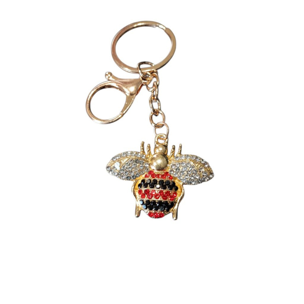 Mint Bumblebee Rhinestone Keychain Purse Backpack Charm in Faux Ruby Onyx Gold